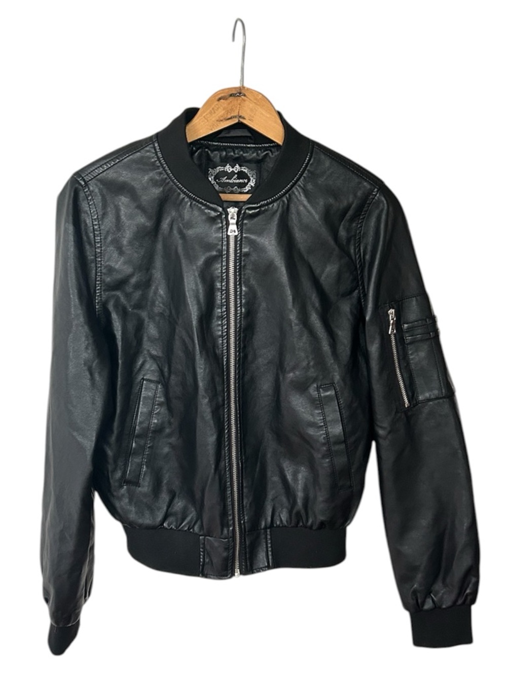 Ambiance | Women’s Classic Black Faux Leather Zip Front Bomber Jacket Size M